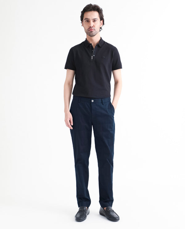 Rare Rabbit Men's Quince Dark Navy Solid Mid-Rise Regular Fit Stretch Trouser