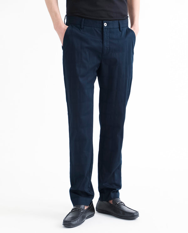 Rare Rabbit Men's Quince Dark Navy Solid Mid-Rise Regular Fit Stretch Trouser