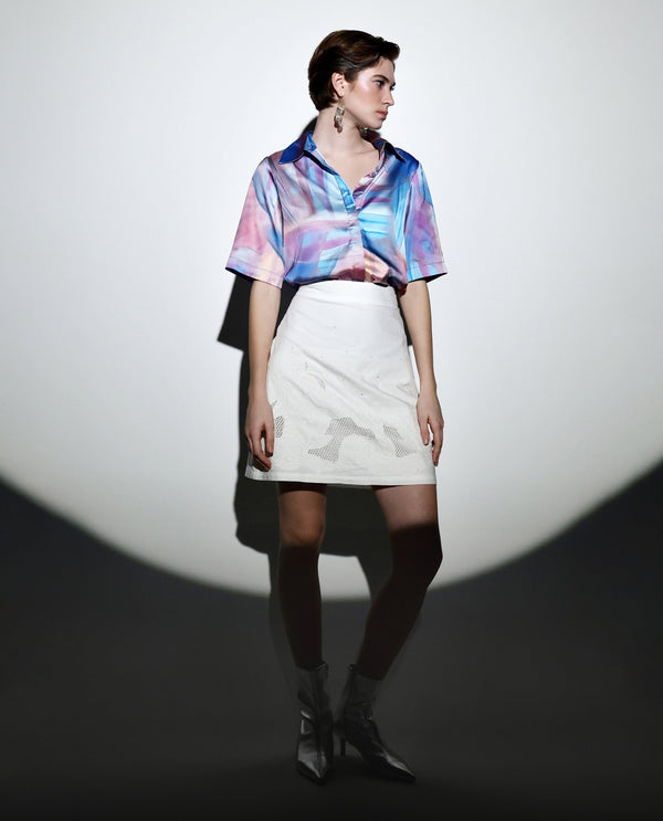 Rareism Women Setimio Multi Satin Short Sleeve Collared Neck Button Closure Abstract Print Shirt