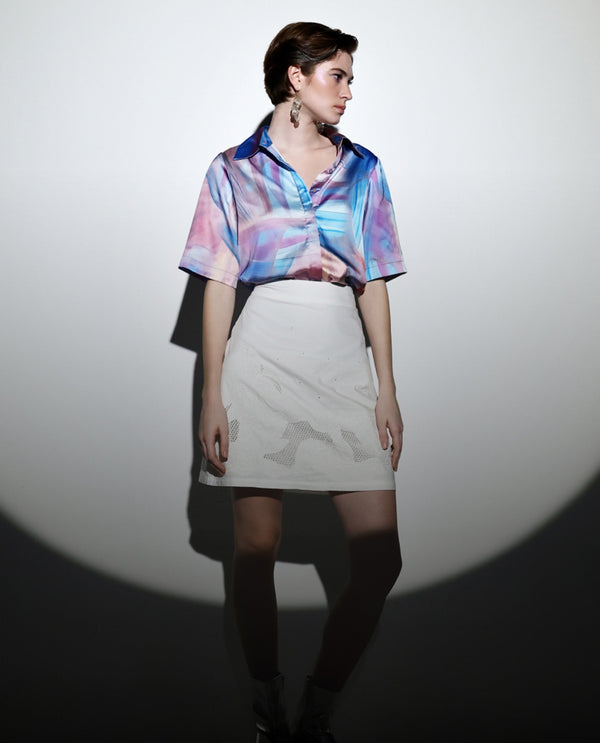 Rareism Women Setimio Multi Satin Short Sleeve Collared Neck Button Closure Abstract Print Shirt