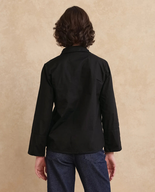 Rareism Women Quitti Light Black Bell Sleeves Collared Neck Button Closure Plain Top