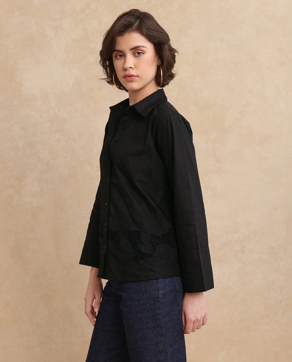Rareism Women Quitti Light Black Bell Sleeves Collared Neck Button Closure Plain Top