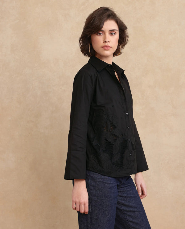 Rareism Women Quitti Light Black Bell Sleeves Collared Neck Button Closure Plain Top