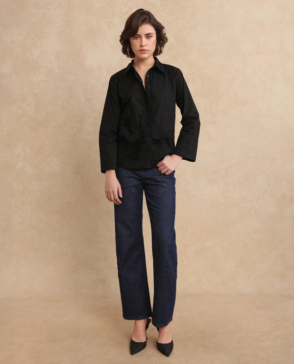 Rareism Women Quitti Light Black Bell Sleeves Collared Neck Button Closure Plain Top