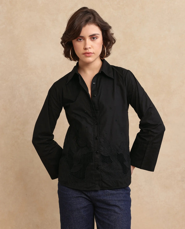Rareism Women Quitti Light Black Bell Sleeves Collared Neck Button Closure Plain Top