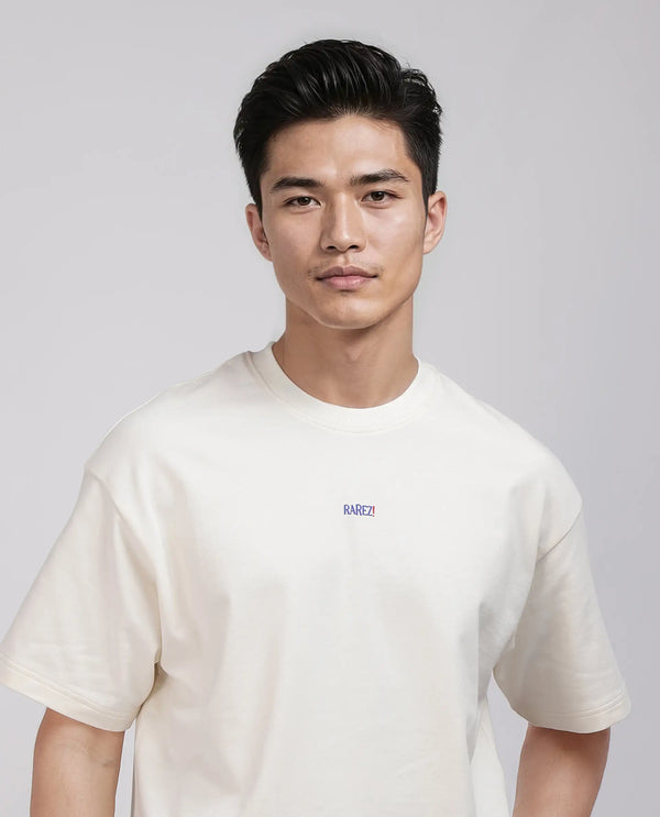 Rare Rabbit Men's Quote Off White Cotton Fabric Half Sleeve Crew Neck Oversized Fit Graphic Print T-Shirt