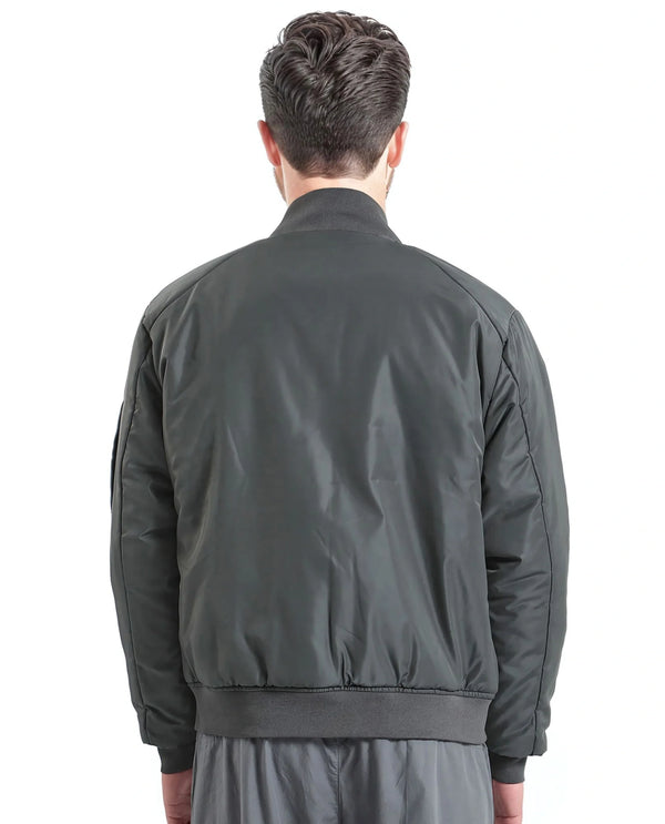 Rare Rabbit Men Quoto Dark Grey Polyester Fabric Full Sleeve Ribbed Collar and Cuff Solid Bomber Jacket
