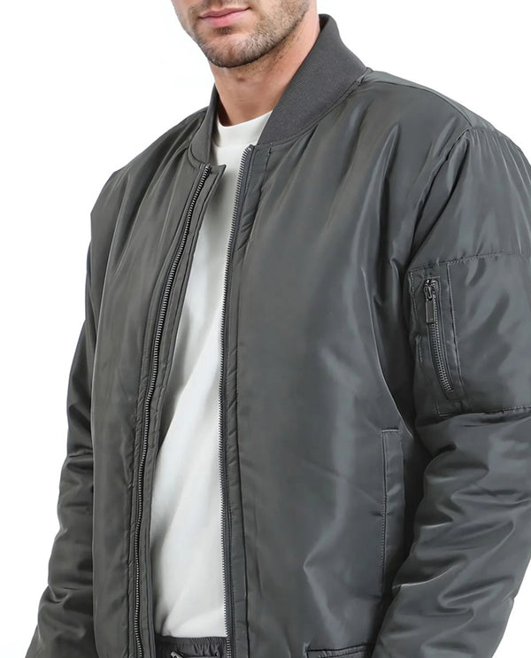 Rare Rabbit Men Quoto Dark Grey Polyester Fabric Full Sleeve Ribbed Collar and Cuff Solid Bomber Jacket