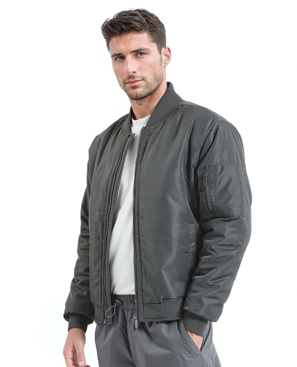 Rare Rabbit Men Quoto Dark Grey Polyester Fabric Full Sleeve Ribbed Collar and Cuff Solid Bomber Jacket