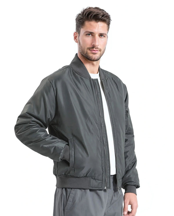 Rare Rabbit Men Quoto Dark Grey Polyester Fabric Full Sleeve Ribbed Collar and Cuff Solid Bomber Jacket