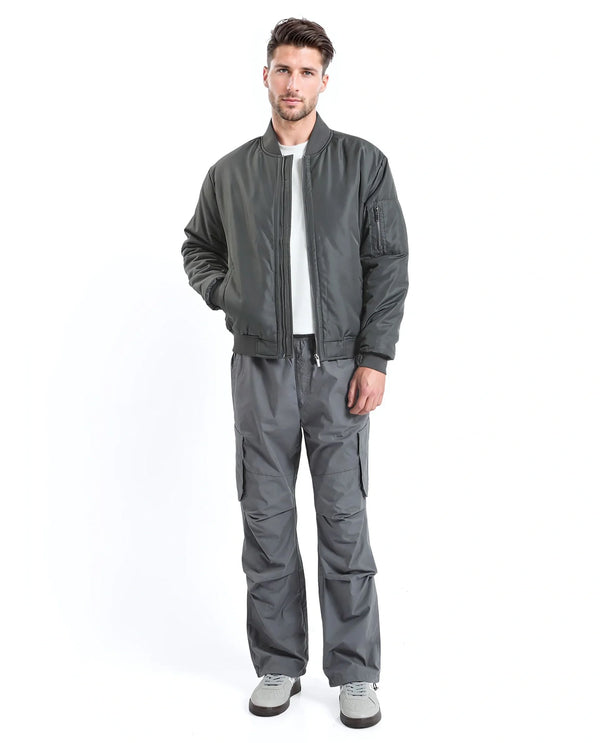 Rare Rabbit Men Quoto Dark Grey Polyester Fabric Full Sleeve Ribbed Collar and Cuff Solid Bomber Jacket