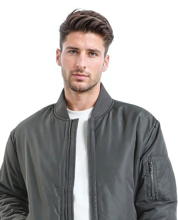 Rare Rabbit Men Quoto Dark Grey Polyester Fabric Full Sleeve Ribbed Collar and Cuff Solid Bomber Jacket