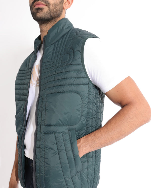 Rare Rabbit Men's Queltex Dark Petrol Branded Sleeveless Quilted Puffer Jacket