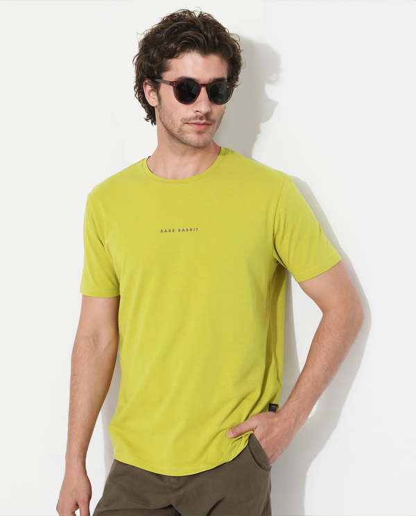 Rare Rabbit Men's Rabbit-Inf Flouroscent Green Cotton Fabric Short Sleeves Crew Neck Regular Fit Plain T-Shirt