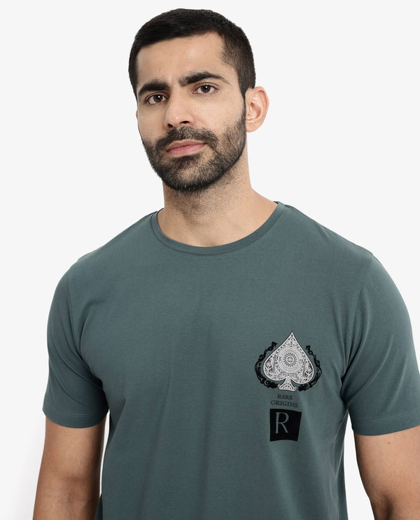 Rare Rabbit Men Rabo Teal Cotton Lycra Fabric Short Sleeve Crew Neck Regular Fit Flock HD Graphic Print T-Shirt