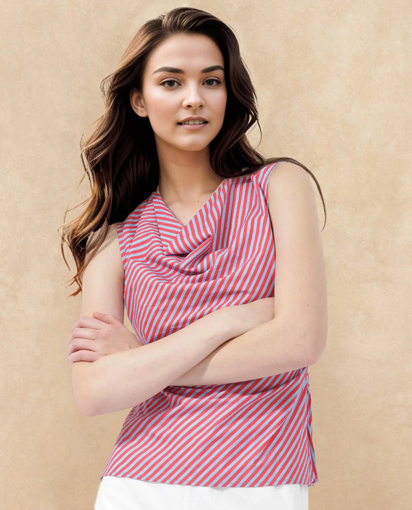 Rareism Women Radar Light Blue Cotton Fabric Cowl Neck Sleeveless Regular Fit Striped Top