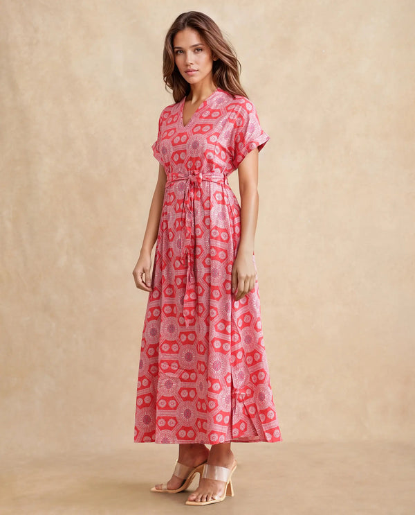 Rareism Women's Rada Red Cotton Fabric V-Neck  Flutter Sleeve Geometric Print A-Line Midi Dress