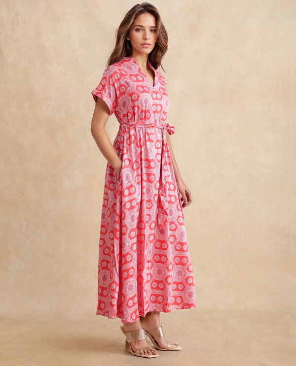 Rareism Women's Rada Red Cotton Fabric V-Neck  Flutter Sleeve Geometric Print A-Line Midi Dress