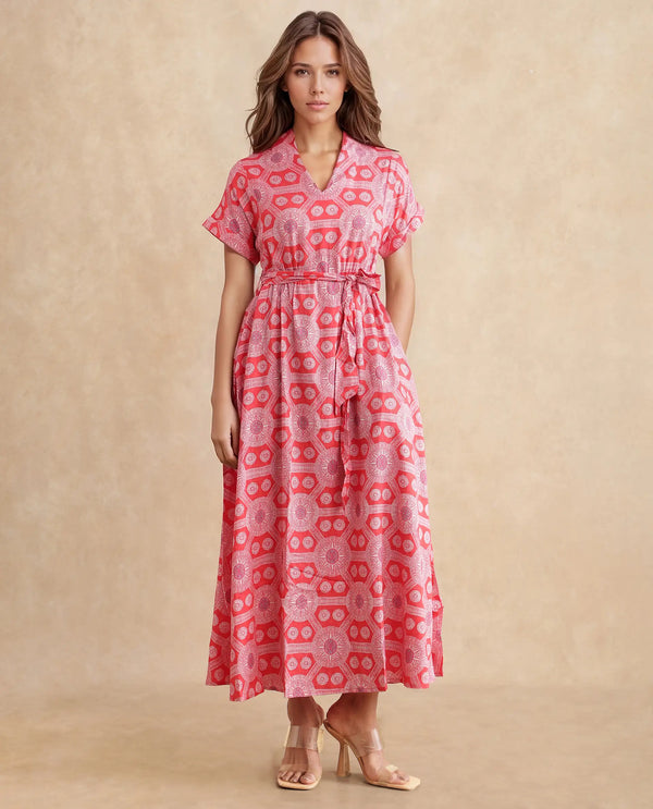Rareism Women's Rada Red Cotton Fabric V-Neck  Flutter Sleeve Geometric Print A-Line Midi Dress