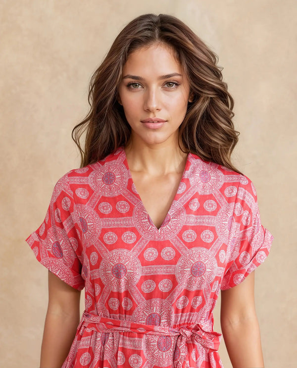Rareism Women's Rada Red Cotton Fabric V-Neck  Flutter Sleeve Geometric Print A-Line Midi Dress