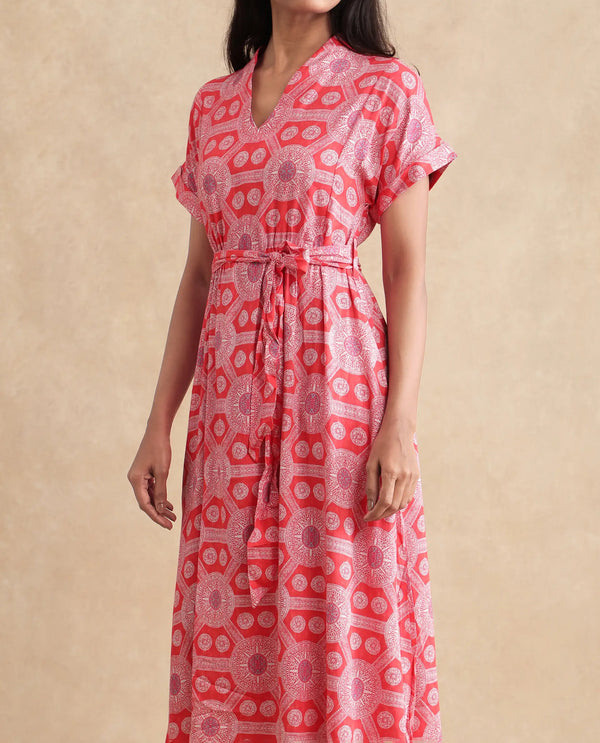 Rareism Women's Rada Red Cotton Fabric V-Neck  Flutter Sleeve Geometric Print A-Line Midi Dress
