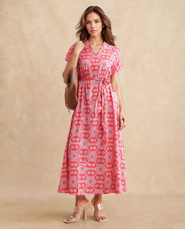 Rareism Women's Rada Red Cotton Fabric V-Neck  Flutter Sleeve Geometric Print A-Line Midi Dress