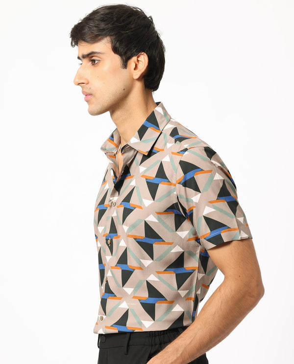 Rare Rabbit Men's Radium Beige Viscose Fabric Geometric Print Half Sleeves Shirt