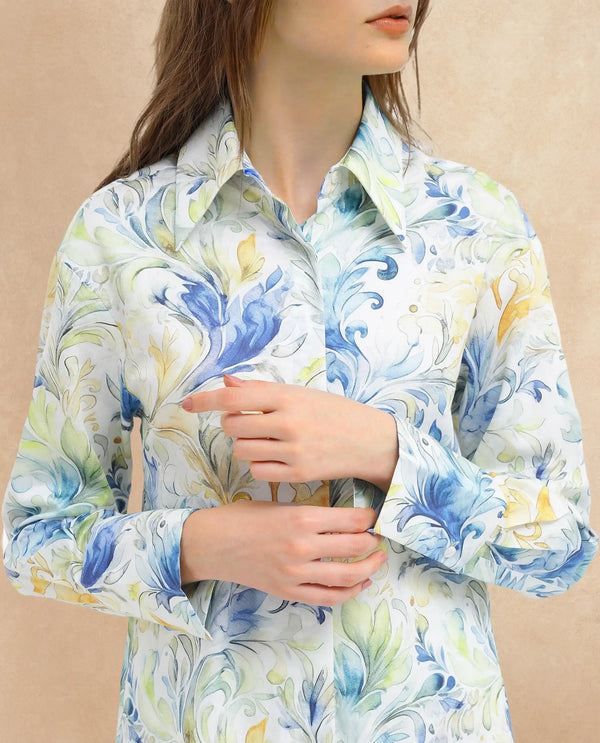 Rareism Women Raenice Pastel Multi Cuffed Sleeve Collared Neck Button Closure Abstract Print Top