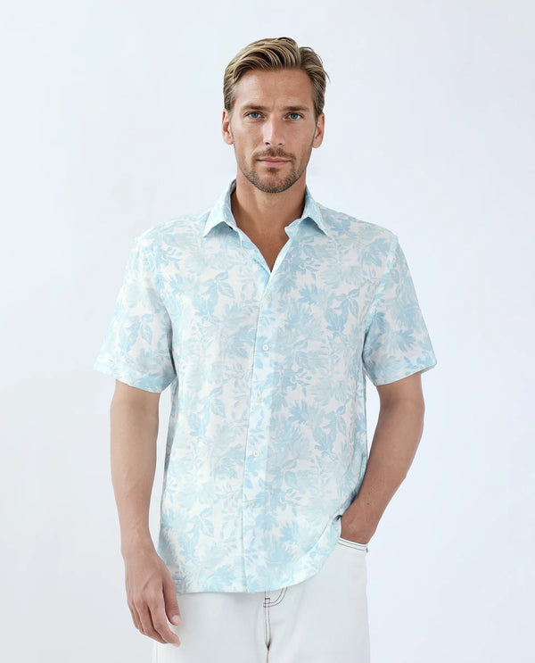 Rare Rabbit Men Rage Pastel Blue Viscose Blend Fabric Short Sleeve Spread Collar Button Closure Tropical Print Shirt