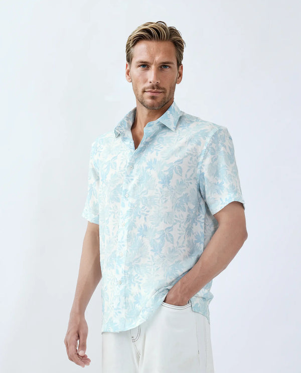 Rare Rabbit Men Rage Pastel Blue Viscose Blend Fabric Short Sleeve Spread Collar Button Closure Tropical Print Shirt