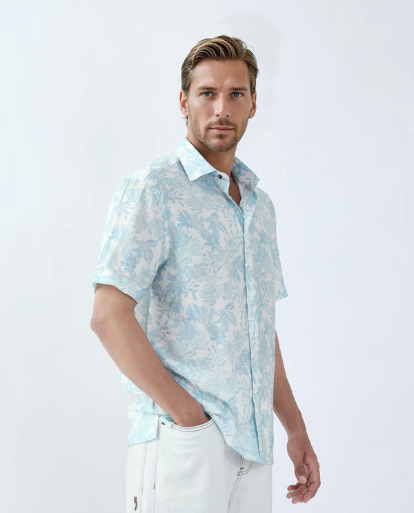 Rare Rabbit Men Rage Pastel Blue Viscose Blend Fabric Short Sleeve Spread Collar Button Closure Tropical Print Shirt