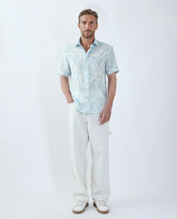 Rare Rabbit Men Rage Pastel Blue Viscose Blend Fabric Short Sleeve Spread Collar Button Closure Tropical Print Shirt