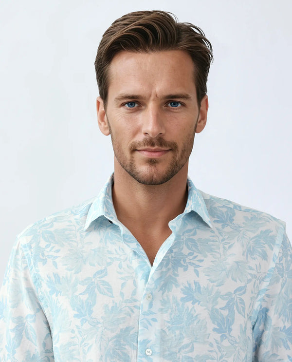 Rare Rabbit Men Rage Pastel Blue Viscose Blend Fabric Short Sleeve Spread Collar Button Closure Tropical Print Shirt