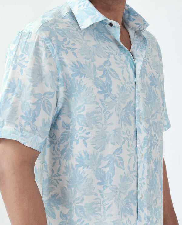 Rare Rabbit Men Rage Pastel Blue Viscose Blend Fabric Short Sleeve Spread Collar Button Closure Tropical Print Shirt