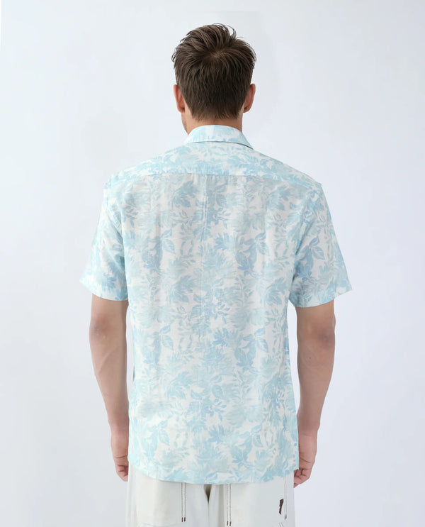 Rare Rabbit Men Rage Pastel Blue Viscose Blend Fabric Short Sleeve Spread Collar Button Closure Tropical Print Shirt