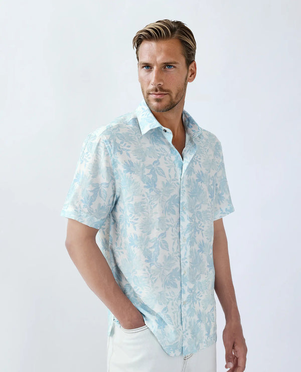 Rare Rabbit Men Rage Pastel Blue Viscose Blend Fabric Short Sleeve Spread Collar Button Closure Tropical Print Shirt