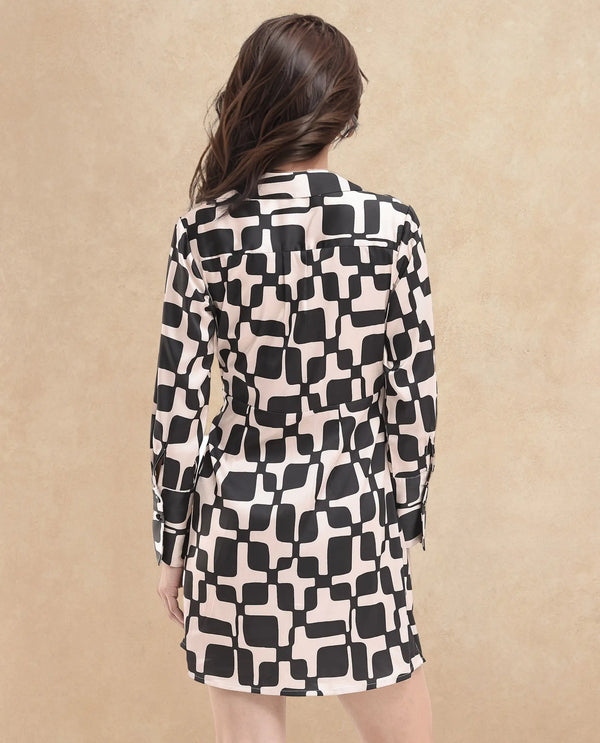 Rareism Women Rager Black Cuffed Sleeve Regular Collar Loop Wrap Geometric Print Mini Dress