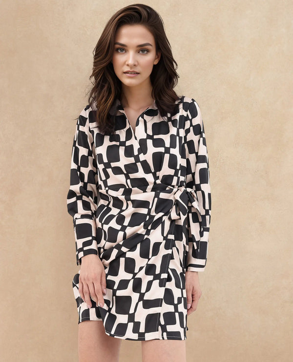 Rareism Women Rager Black Cuffed Sleeve Regular Collar Loop Wrap Geometric Print Mini Dress