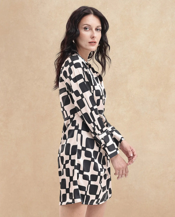 Rareism Women Rager Black Cuffed Sleeve Regular Collar Loop Wrap Geometric Print Mini Dress
