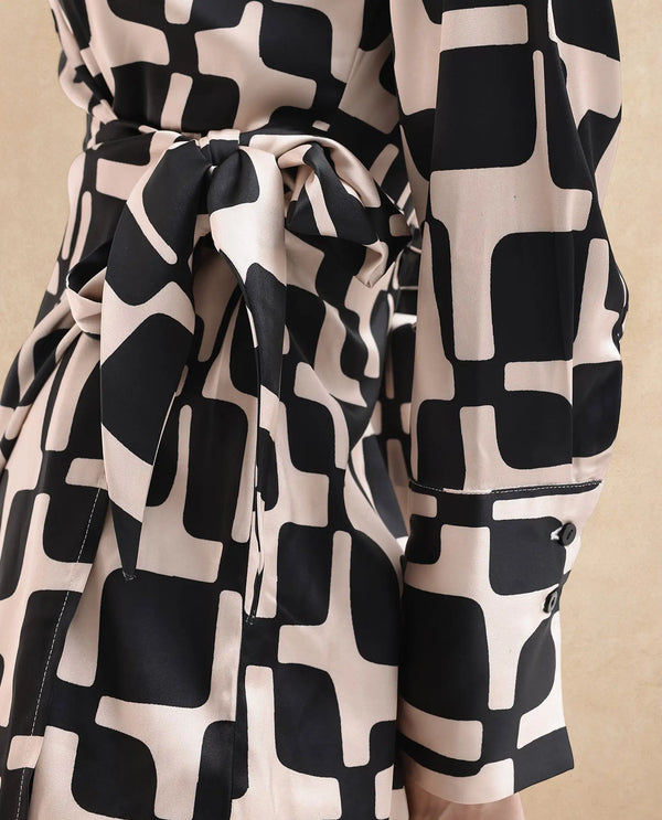 Rareism Women Rager Black Cuffed Sleeve Regular Collar Loop Wrap Geometric Print Mini Dress