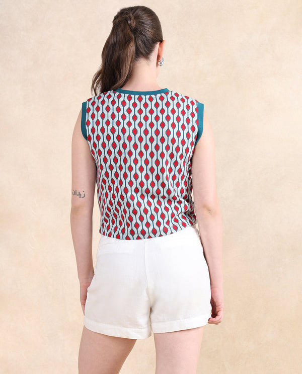 Rareism Women Rako Multi Cotton Fabric Sleeveless Crew Neck Slim Fit Geometric Jacquard Top