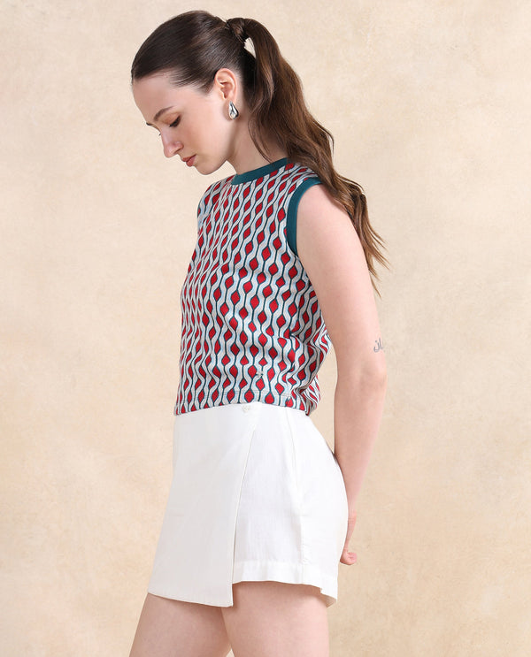 Rareism Women Rako Multi Cotton Fabric Sleeveless Crew Neck Slim Fit Geometric Jacquard Top