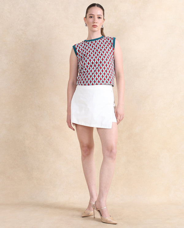 Rareism Women Rako Multi Cotton Fabric Sleeveless Crew Neck Slim Fit Geometric Jacquard Top