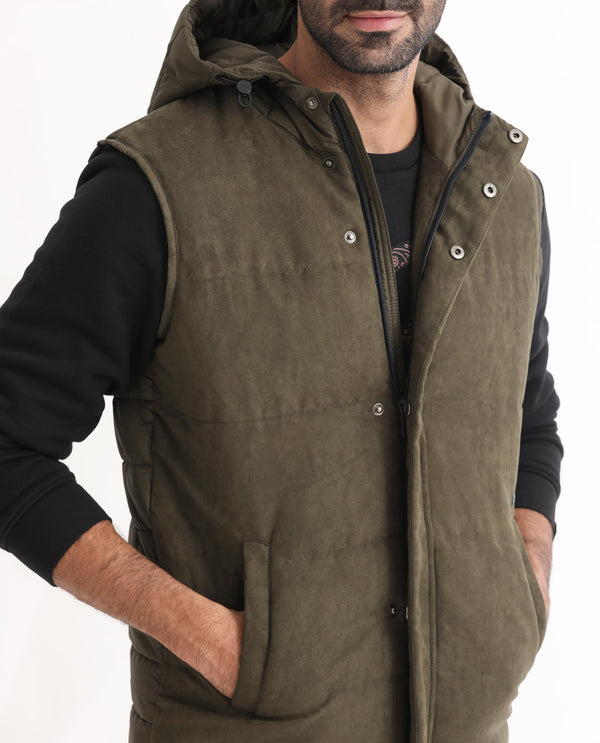 Rare Rabbit Men's Rald Olive Suede Sleeveless Hooded Puffer Jacket