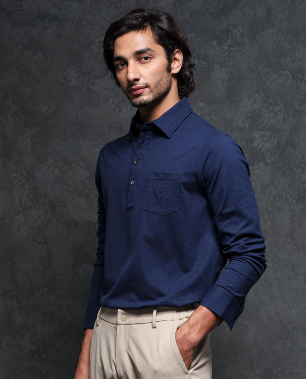Rare Rabbit Men's Ralfet Navy Cotton Lycra Fabric Collared Neck Full Sleeves Embroidery Monogram Melange Polo T-Shirt