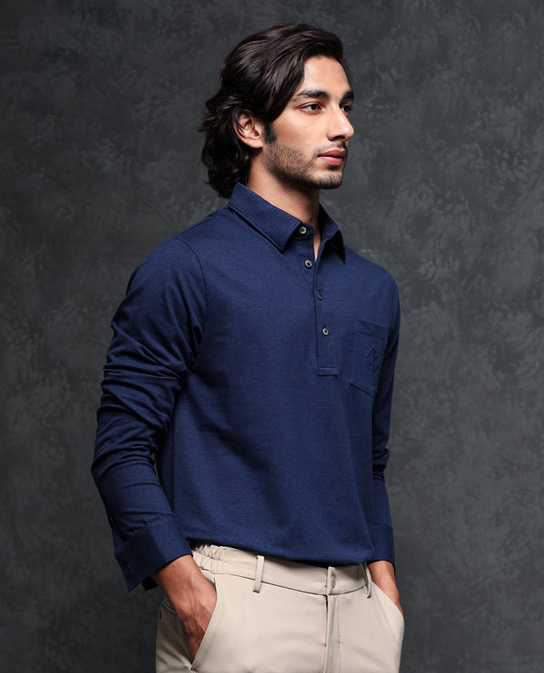 Rare Rabbit Men's Ralfet Navy Cotton Lycra Fabric Collared Neck Full Sleeves Embroidery Monogram Melange Polo T-Shirt