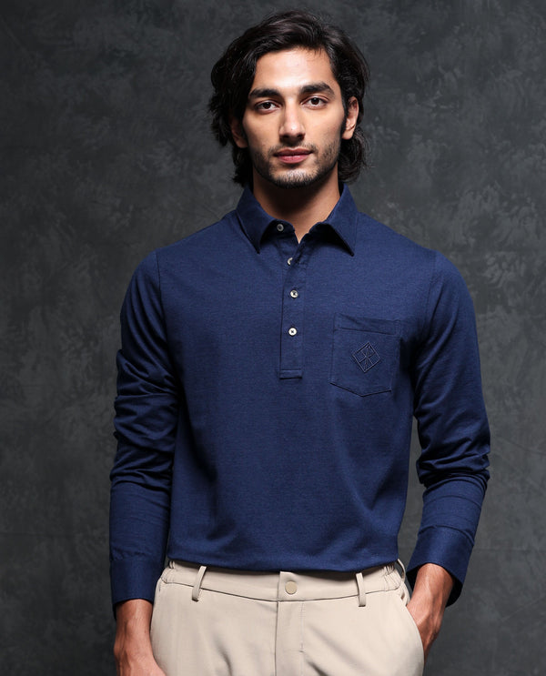 Rare Rabbit Men's Ralfet Navy Cotton Lycra Fabric Collared Neck Full Sleeves Embroidery Monogram Melange Polo T-Shirt