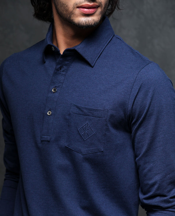 Rare Rabbit Men's Ralfet Navy Cotton Lycra Fabric Collared Neck Full Sleeves Embroidery Monogram Melange Polo T-Shirt