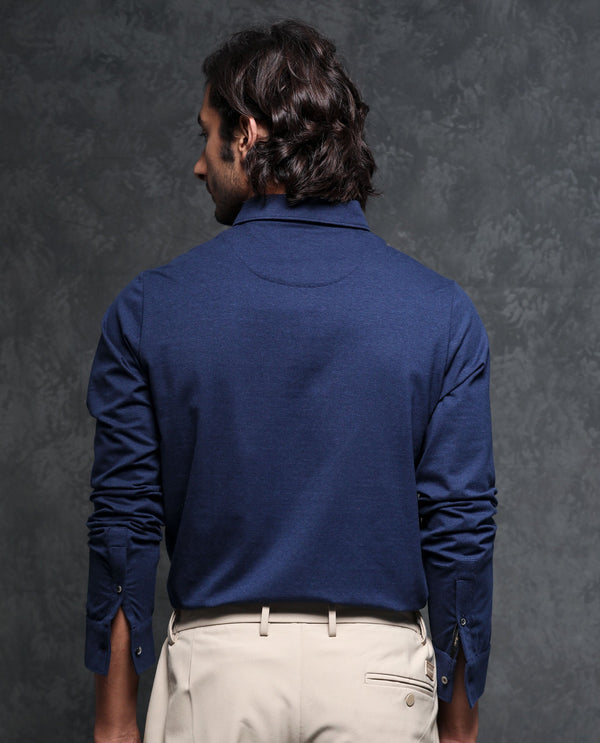 Rare Rabbit Men's Ralfet Navy Cotton Lycra Fabric Collared Neck Full Sleeves Embroidery Monogram Melange Polo T-Shirt