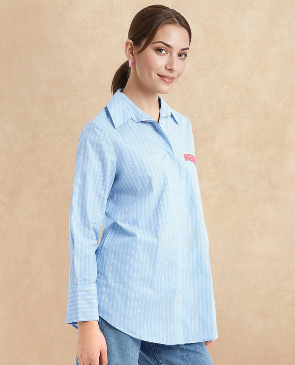 Rareism Women Rambla Blue Collared Neck Button Closure Relaxed Fit Abstract Print Top